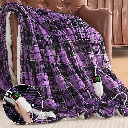 Heated Blanket Electric Throw, 50X60, Heating Throw with 10 Heating Levels & 8 Hours Auto Off, Purple Plaid Checkered Sherpa Blanket Warmer for Couch Bed Office, Gifts for Mom Women Grandma Home Decor