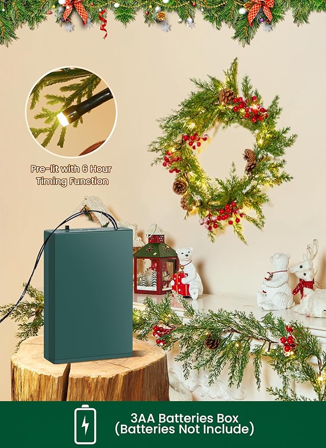 Brightown Christmas Garland with Lights, 6Ft 20 LED Lighted Cypress Leaves Garland Decorated with Pine Cones, Berry, Battery Operated Christmas Lights for Mantle Fireplace Stairs Wall Table, 2 Pack