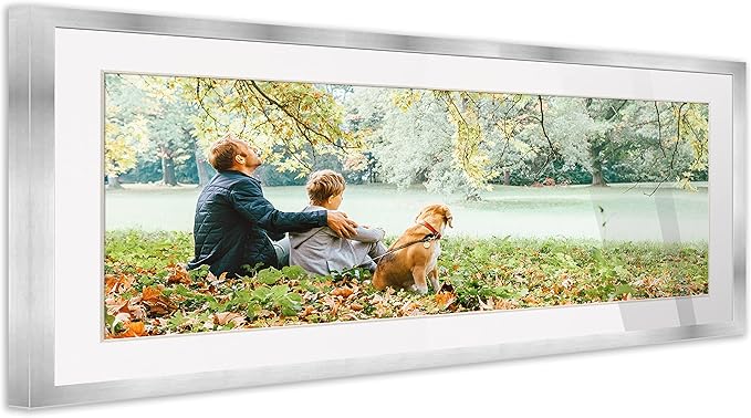 12x36 Silver Wood with White Mat | 16x40 Frame Matted to 12x36 | Display Your Artwork Under UV Acrylic Shatter Guard Front, with Foam Board Backing & Wall Hanging Hardware - Wall Frame