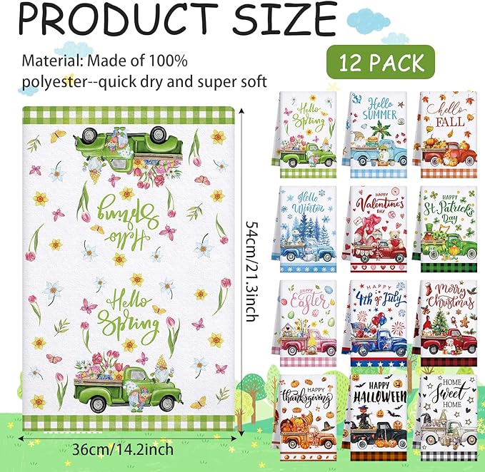 12 Pcs Seasonal Kitchen Towels Set for All Holidays Hand Dish Tea Towels Fall Halloween Christmas Cute Drying Dishcloths Decorative Absorbent Wash Cloths(Truck Style)