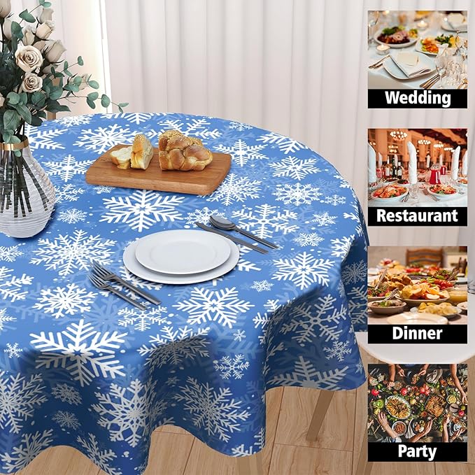 Winter Blue Snowflakes Round Tablecloth Blue and White Round Christmas Table Cover 60 Inch Washable Xmas Holiday Table Cloth for Home Kitchen Dining Room Patio Picnic Party Indoor Outdoor Decor