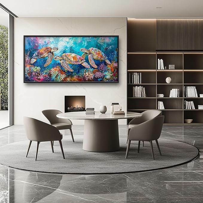 Sea Turtle Large Framed Wall Art Coastal Ocean Nautical Pictures Oversized Colorful Undersea Wall Decor Coral Reef Canvas Print Painting Aesthetic Modern Artwork for Living Room Bedroom Office Bathroom Home Decor 60L"x30W"