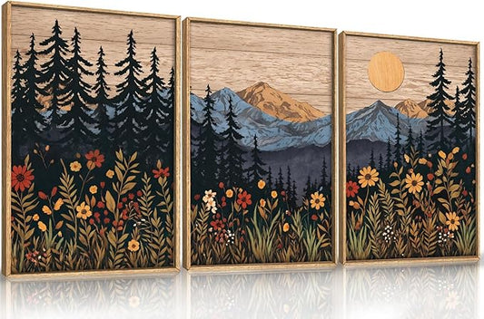 HOURIA Natural Mountain Floral Framed Canvas Wall Art,Modern Sunrise Forest Wall Decor,Boho Wildflower Woodland Landscape Artwork,Wilderness Pine Tree Field Art Print for Living Room,Office-16 x24 x3