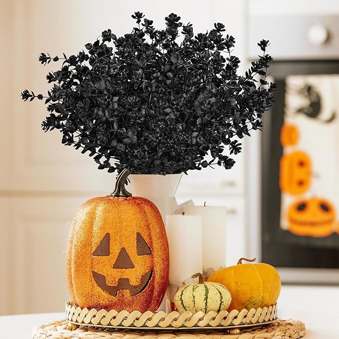 AmyHomie 20 Bundles Black Eucalyptus Artificial Flowers for Outdoor UV Resistant Faux Flowers No Fade Fake Plastic Plants Garden Porch Window Box Decorating