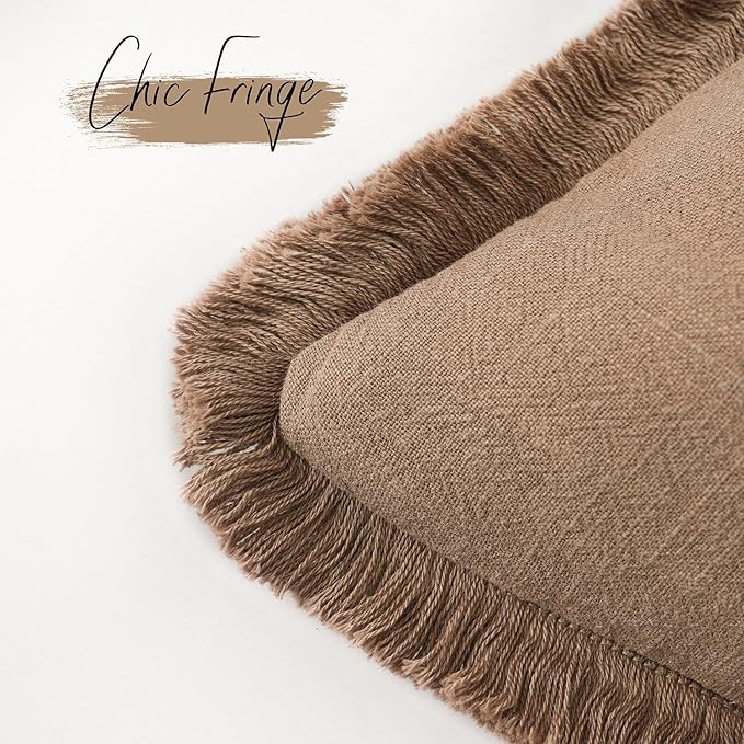Foindtower Set of 2 Decorative Linen Fringe Throw Pillow Covers Cozy Boho Farmhouse Cushion Cover with Tassels Soft Accent Pillowcase for Couch Sofa Bed Living Room Home Decor, 16×16 Inch, Khaki Brown