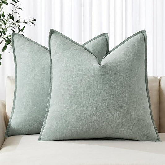 MIULEE Decorative Linen Pillow Covers 18x18 Inch Aqua Green Boho Farmhouse Neutral Couch Throw Pillows for Bed Pack of 2 Accent Modern Pillowcase Summer Sofa Livingroom Home Decor
