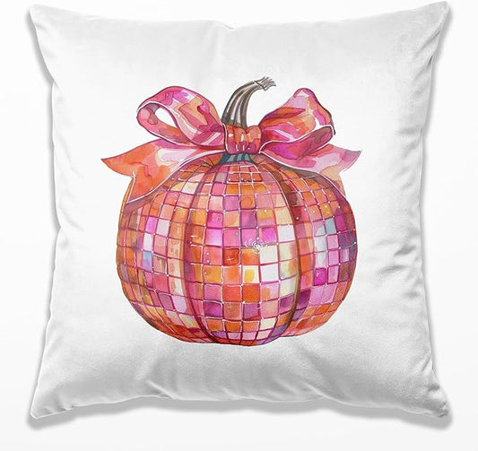 Coquette Pink Bow Disco Ball Pumpkin Fall Pillow Covers 18x18, Preppy Fall Decor, Funky Y2K Girly Pumpkin Autumn Decorative Throw Pillow Covers for Girls Room Dorm Home Bedroom Living Room