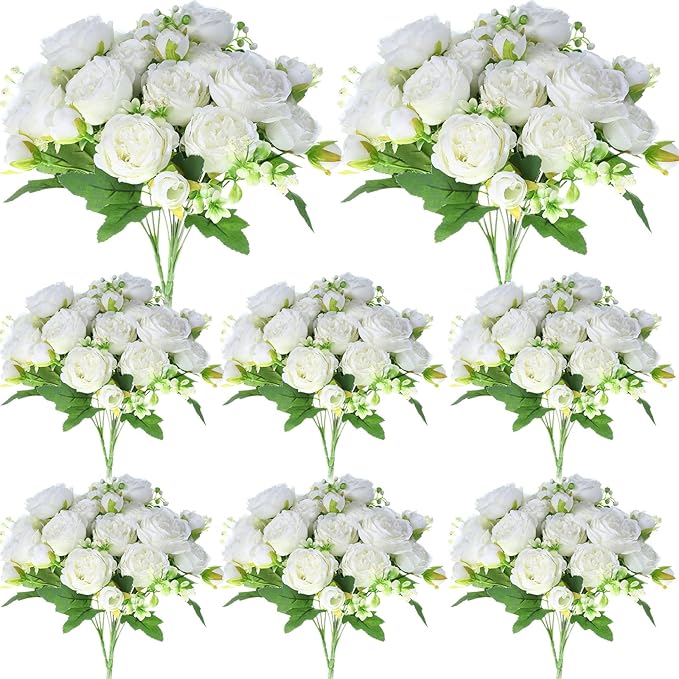 Geosar 8 Bundles Artificial Peonies Flowers Fake Silk Peony Bouquet Faux Peonies Flowers Bulk for Decoration Vase Florals Arrangements Wedding Party Table (White)
