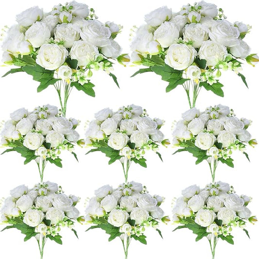 Geosar 8 Bundles Artificial Peonies Flowers Fake Silk Peony Bouquet Faux Peonies Flowers Bulk for Decoration Vase Florals Arrangements Wedding Party Table (White)