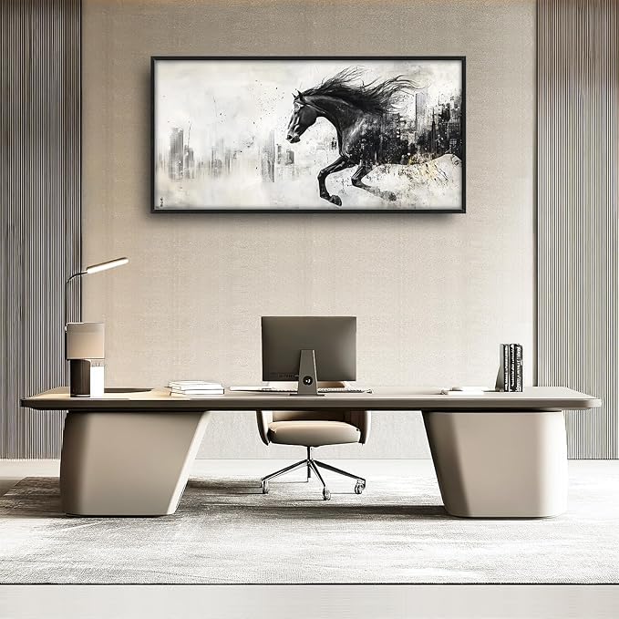 Framed Large Wall Art for Living Room, Black Running Horse Canvas Wall Decor, Large City Picture Framed Painting, Abstract Modern Artwork for Bedroom Office 60L'' × 30W''