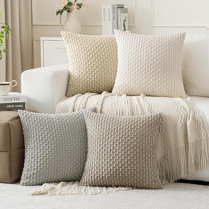 MIULEE Throw Pillow Covers Soft Couch Decorative Set of 4 Boho Striped Cushion Corduroy Pillowcases Farmhouse Rustic Mid Modern Home Decor for Couch Bed Sofa Living Room 20x20 Inch Neutral Harmony