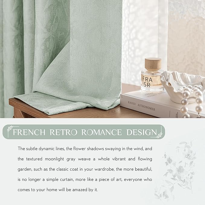 Beauoop Green Floral Jacquard Blackout Curtains 108 Inches Long 2 Panels for Bedroom Living Room Sage Flower Chenille Room Darkening Thermal Soundproof Grommet Window Treatments Drapes, 52x108