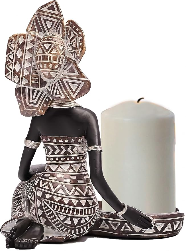 African Lady Figurine Candle Holder with African Tribal Totem for Wedding,Church,Holiday Decor-African Decorative Women Statues, Candlestick Holder for Home and Table Decor(754-Brown)