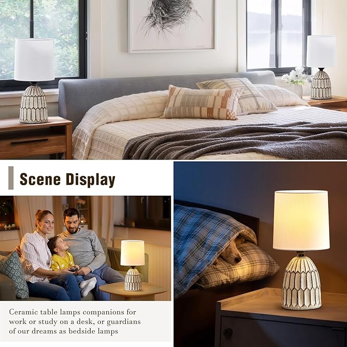 Table Lamps Set of 2-13.5" Small Boho Lamp - Bedside Lamps - Farmhouse Rustic Ceramic Table Lamp for Bedroom, Living Room, Nightstand, Office, Side Desk Lamp, End Table Lamp