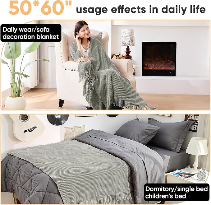 inhand Knitted Throw Blanket for Couch Bed,Chunky Chenille Woven Soft Blankets with Tassels,Cozy Boho Farmhouse Fall Winter Decor,Warm for Women,50"x60",Medium Thick-Light Grey