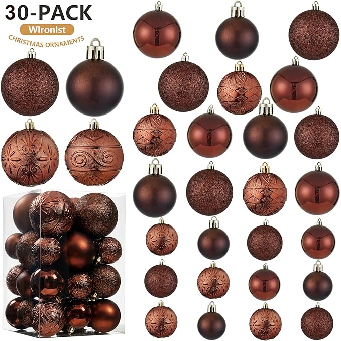 Wironlst Christmas Ball Ornaments - 30pcs Shatterproof Plastic Christmas Ornaments Hanging Ball Decorations for Xmas Tree, Holiday, Wedding, Party (Multi-Size, Brown)