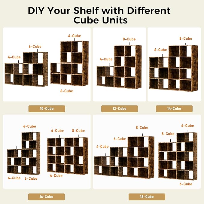 COMHOMA 6 Wood Cube Storage Organizer with Open Back and Removable Back Panels, 11In Brown Cube Storage Bookshelf, Cubicle Shelf Bookcase for Home Office Bedroom Living Room, Vertical or Horizontal