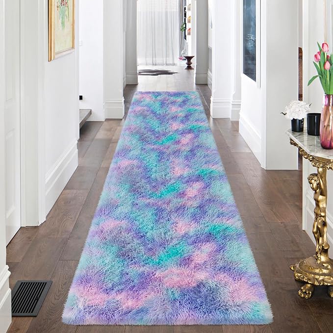Super Soft Fluffy Living Room Area Rug 2x8 ft Purple Rainbow Tie-Dyed Shaggy Furry Carpet Washable Non-Slip Carpets Bedroom Bedside Nursery Rug Cute Colorful Room Decor for Girls