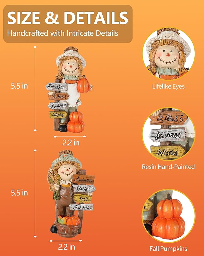2-Pack Thanksgiving Scarecrow Figurines with Inspirational Autumn Plaques - Durable Resin 5.5'' Thanksgiving Table Decor - Fall Decorations Indoor Outdoor Harvest Gifts (Scarecrows)