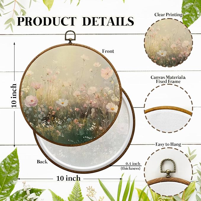 JUIOEIUVintage Wildflower Floral Round Wall Decor, Cottagecore Flower Botanical Framed Canvas Prints, Retro Rustic Floral Wall Art Hanging Decorations for Home Bedroom Living Room Décor Accents Decor, 10x10in