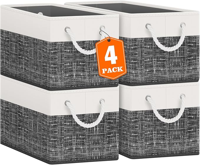 Fab totes Storage Bins [4-Pack], Foldable Storage Baskets for Organizing Toys, Books, Shelves, Closet, Large Storage Box with Rope Handles, Sturdy Organizer Bins, White & Black