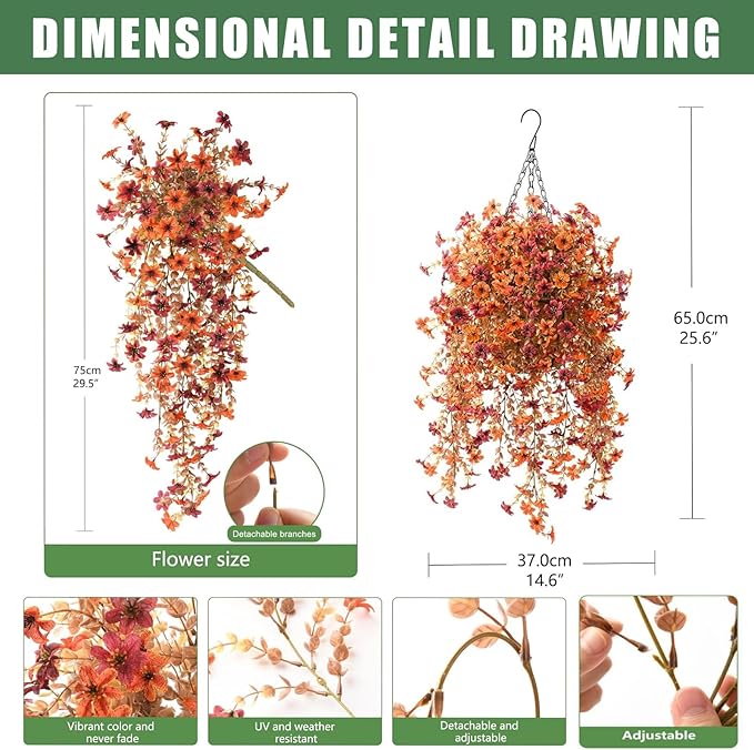 Fall Artificial Hanging Flowers for Outdoor 2 Pcs Fake Hanging Plants Autumn Decor -UV Resistant Artifical Faux Flower Silk Flowers for Indoor Planter Porch Balcony Yard Decor (Orange+Dark Red)