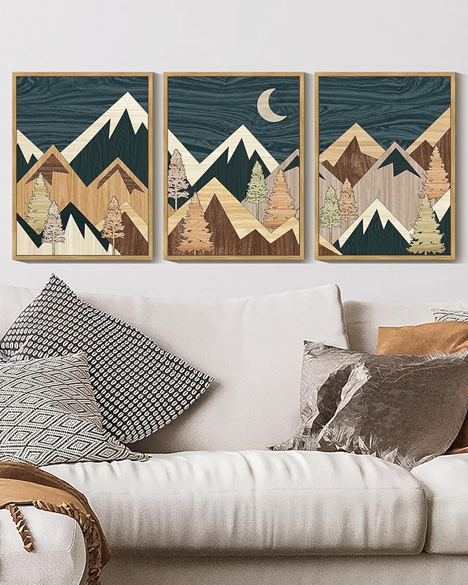 KUVIOKE Woodcut Pine Tree Forest Mountains Framed Wall Art Nature Landscape Prints Morden Farmhouse Bedroom Hallway Ready to Hang 11x14in (Natural Framed)