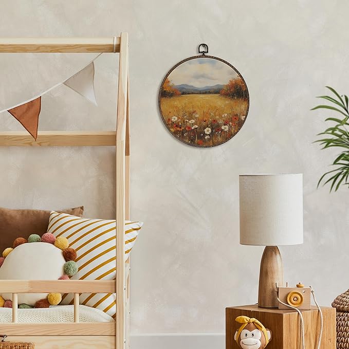 XNXLDYLH Vintage Fall Wildflower Round Framed Wall Art Decor, Rustic Farmhouse Harvest Hanging Wall Decor Decorations, Autumn Fall Floral Landscape Canvas Prints Wall Art Pictures Paintings, 10x10Inch