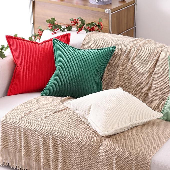 Mecatny Corduroy Throw Pillow Covers 16x16 Set of 2, Neutral Decorative Soft Boho Couch Pillow Covers with Broadside for Sofa Living Room, Red