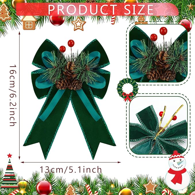Syhood 6 Pcs Christmas Velvet Bow with Pine Cones Pine Needles Berries Xmas Dark Green Ribbon Bow Ornaments 6.3 x 5.1 Inch for Christmas Tree Wreath Garden Fireplace Crafts DIY Decor