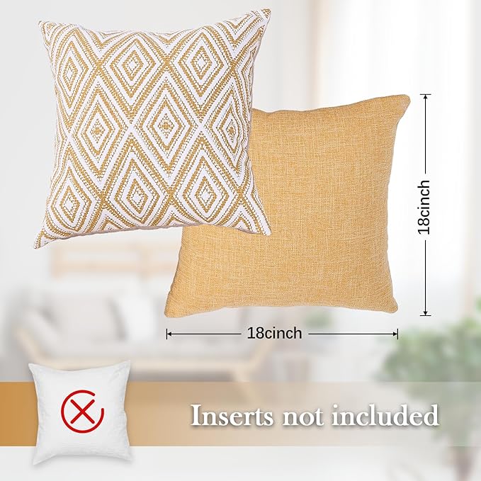 HPUK Decorative Throw Pillow Covers Set of 4 Geometric Design Linen Cushion Cover for Couch Sofa Living Room, 18"x18" inches, Ochre