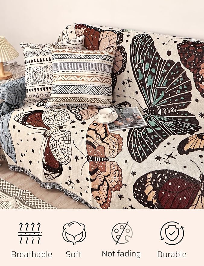 Boho Throw Blanket for Bed Couch Sofa Reversible Cotton Bohemian Travel Boho Quilt Mexican Muslin Blanket Tapestry Hippie Room Decor Outdoor Blanket Double Sided (Month Moth Print 70"x90")