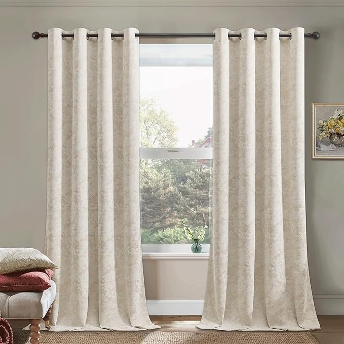 Beauoop Beige Floral Jacquard Blackout Curtains 96 Inches Long 2 Panels for Bedroom Living Room Taupe Flower Chenille Room Darkening Thermal Insulated Soundproof Grommet Window Treatments Drapes 52x96