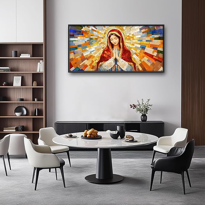 Virgin Mary Wall Art for Living Room, Our Lady of Guadalupe Canvas Wall Decor, Large Jesus Mother Pictures Framed Painting, Catholic Spiritual Artwork for Bedroom Office Home Decor 60L'' × 30W''