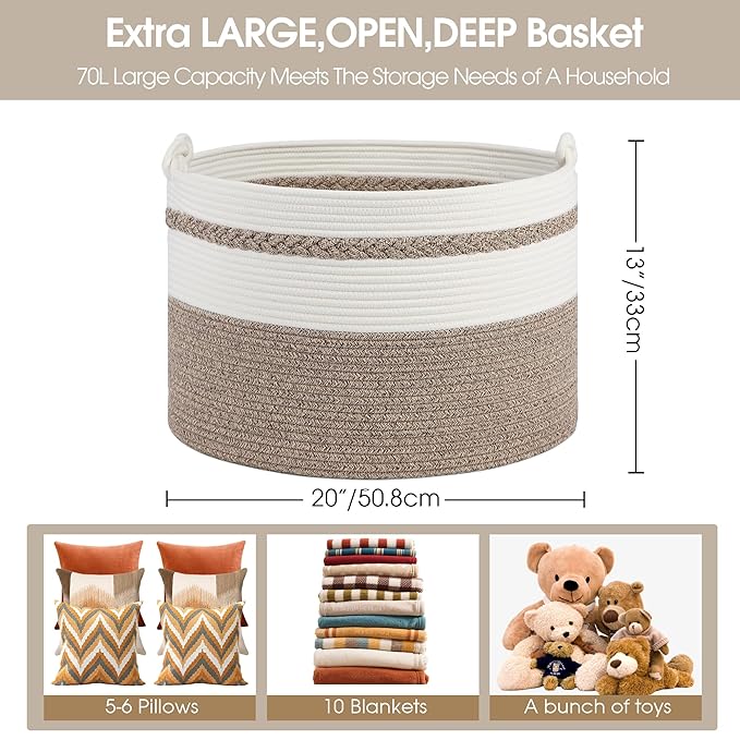 Large Blanket Basket,20''x13'' Storage Basket for Living Room;Toy storage for Organizing,Baby Hamper,Kids Organizer,Woven rope basket;Nursery Storage Bin,White+Dark Brown