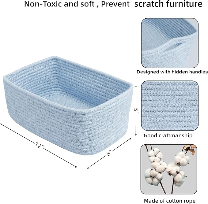 Small Woven Storage Baskets 12“X8”X5“ Decorative Rope Bins for Organizing Shelves, Closets, and Toys, Empty Gift Baskets, Cute Organizer Basket for Home and Office (blue, regular)