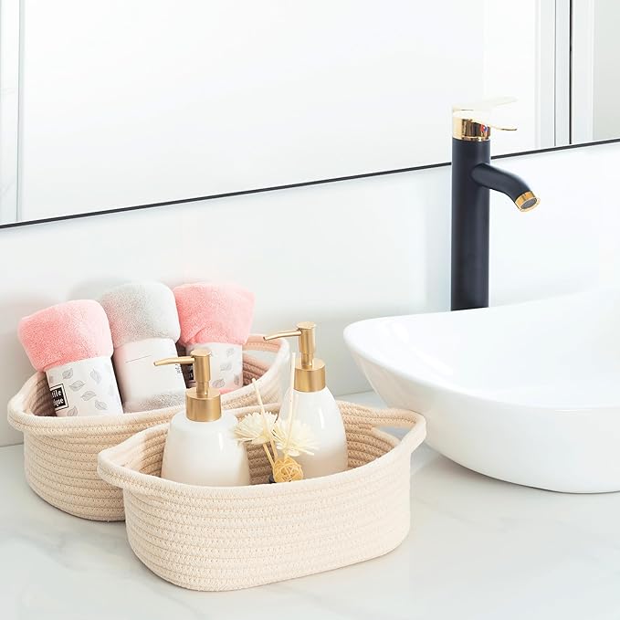 MINTWOOD Design 5-Piece Storage Baskets for Organizing, Small Woven Rope Baskets for Storage and Shelves, Dog Cat Toy Basket Box, Pantry Bathroom Organization Bins, Nightstand Organizer, Beige