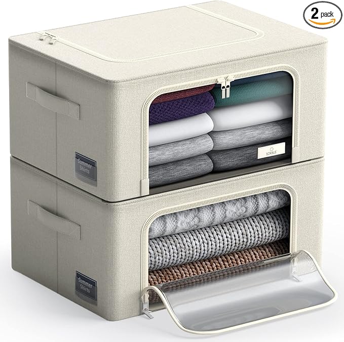Sorbus Storage Bins with Metal Frame - Stackable & Foldable Clothes Organizer Bags - Oxford Fabric Storage Containers with Large Clear Window & Carry Handles, Bedroom Organization for Bedding & Linen