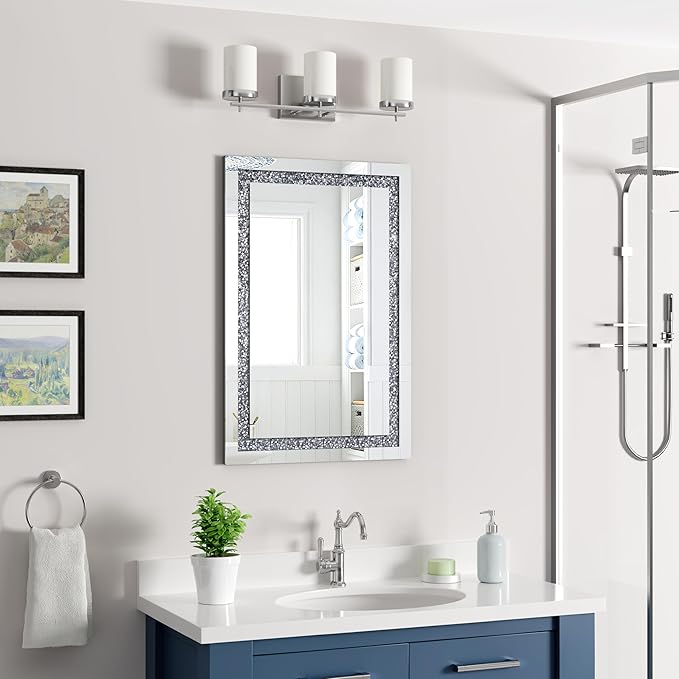 Crystal Decorative Mirror-16 x24 Rectangle Gorgeous Silver Mirror, Crush Diamond Mirror for Wall Decoration Bedroom, Hallway, Dining Room