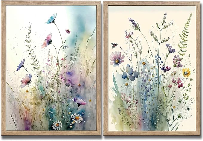 Framed Colorful Flowers Bathroom Wall Art Decor, Blue Floral Picture Canvas Print White Daisy Painting Artwork for Bedroom Office Decoration 12"x16"x2 Panels