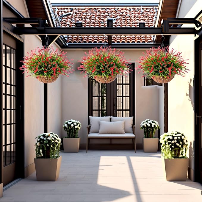 Artificial Faux Plants Flowers for Outdoor Decorations, Fake Monkey Grass for Outside Porch Patio, No Fade Realistic Greenery Plant, UV Resistant Artificial Bush Shrubs for Courtyard Window Garden