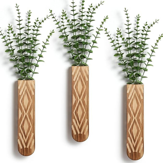 3 Pack Wood Wall Planter, Boho Wall Vase for Hallway Decor and Bathroom Decor, Modern Farmhouse Decor, Wooden Hanging Planter for Holding Dried Flowers and Faux Greenery