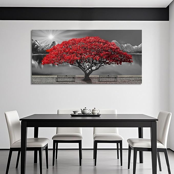 Black and White Red Tree Wall Art Canvas Print Picture Large Red Tree Landscape Modern Artwork for Living Room Bedroom Office Home Wall Decor With Frame 29X58inch