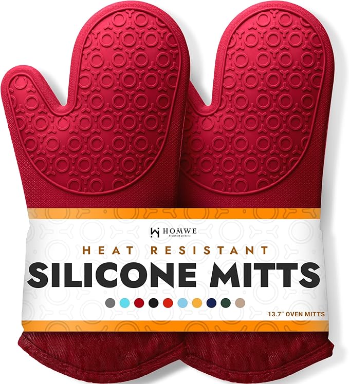 BPA-Free Silicone Oven Mitts Ultra Heat Resistant up to 500°F - Oven Mitts with Thick Cotton Liner - Long Slip Resistant Pot Holders, Flexible Oven Gloves - Canyon Red 13.7
