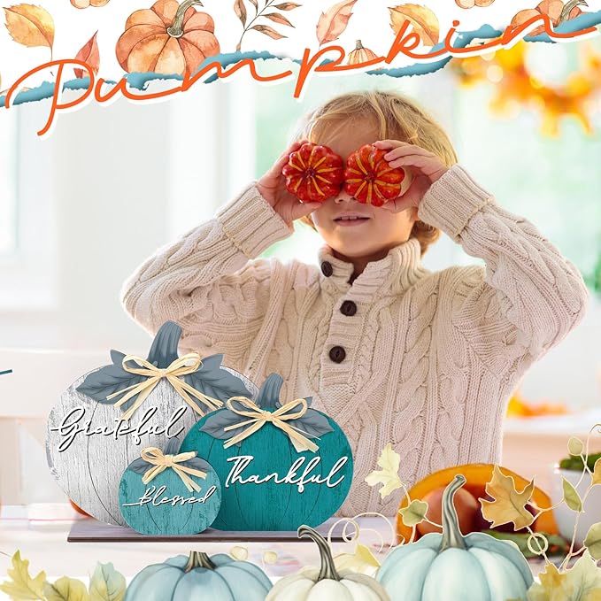 Soaoo Fall Pumpkin Table Decorations Wooden Thankful Blessed Centerpiece Autumn Grateful Tabletop Decor Farmhouse Harvest Pumpkin Block Signs for Party Rustic Table Shelf Decor Home(Novel)