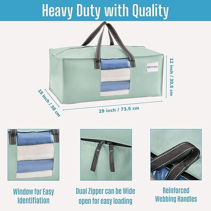 VENO 4 Pack Moving Bags for College, Heavy-Duty Storage Totes, Moving Boxes and Wardrobe Packing Supplies Alternative - Extra Large Durable Laundry Bags for Clothes (Shiny Light Green, 4 Pack)