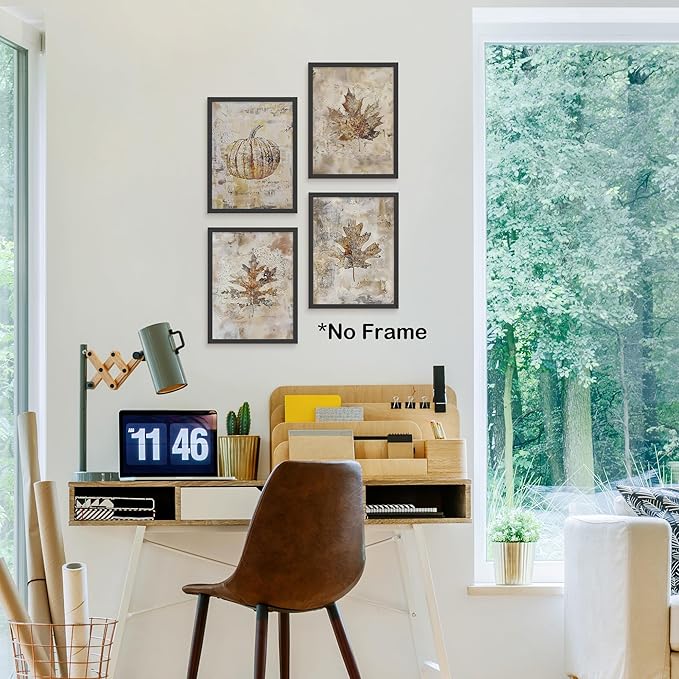 TLESKE Vintage Fall Leaves Posters Prints Unframed 12x16 Set of 4, Autumn Rustic Maple Oak Leaf Wall Art Prints Decor for Farmhouse Bedroom Living Room, Thanksgiving Wall Pictures