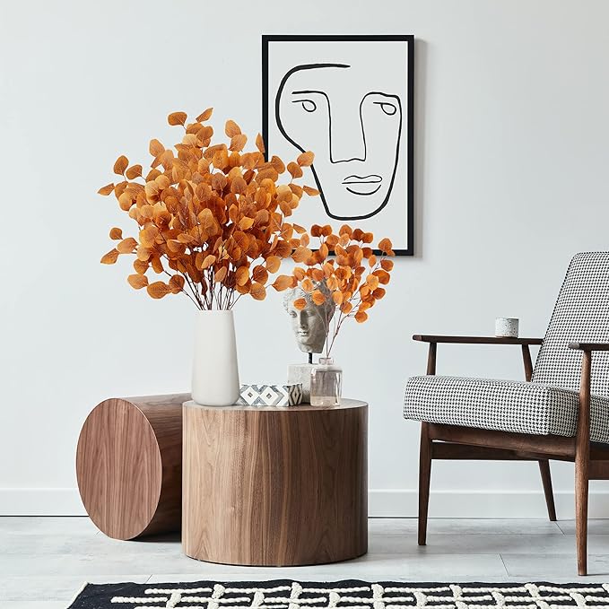 Sggvecsy 6 Pcs Fall Eucalyptus Leaves Artificial Eucalyptus Stems Long Silver Dollar Leaves Autumn Leaf Branches Fake Silk Eucalyptus for Christmas Home Autumn Festival Thanksgiving Decor(Orange)