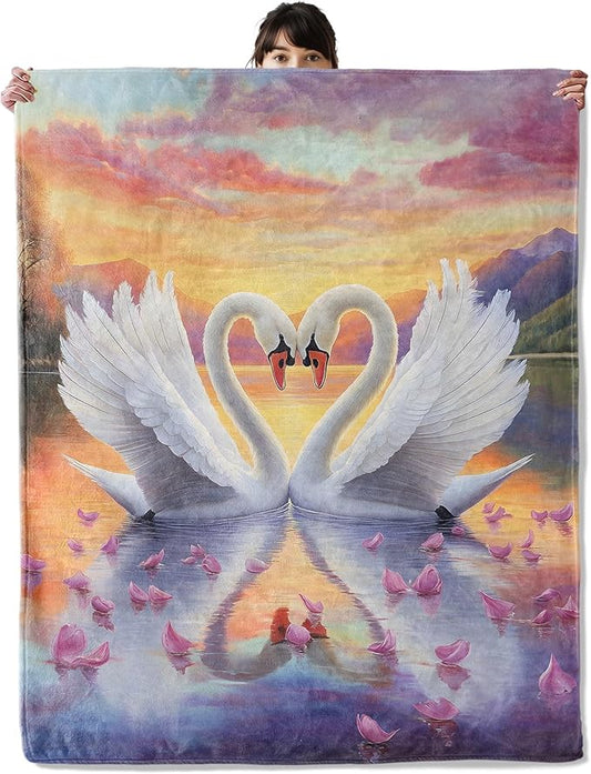 Couple Swan Blanket, Cozy Flannel Romantic Lake and Petal Blankets, All Season Soft Throw for Travel Home Decor, Lightweight Sofa Bed Throws, Valentine's Gifts for Women Adults, 50"×60"