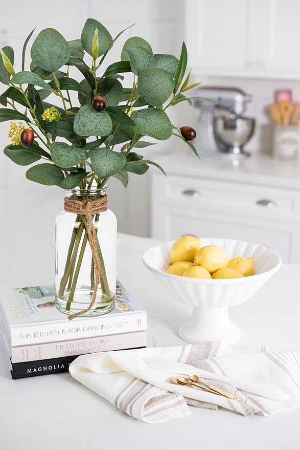 Briful Artificial Eucalyptus Stems in Glass Vase with Faux Water, 14" Fake Plant Olive Leaves for Home Office Farmhouse Wedding Centerpiece Décor